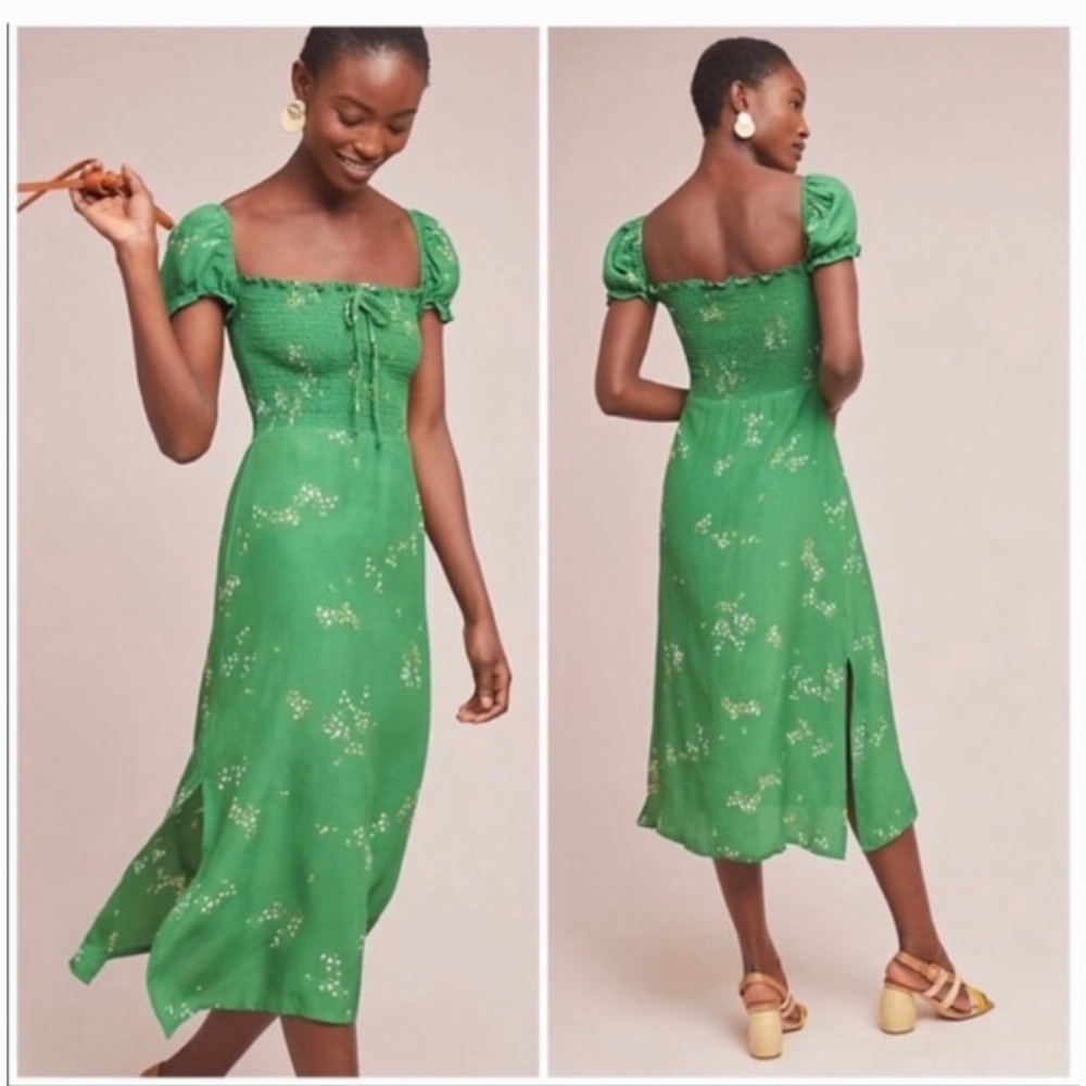 Faithfull the Brand Green Midi Dress with Puff Sleeves